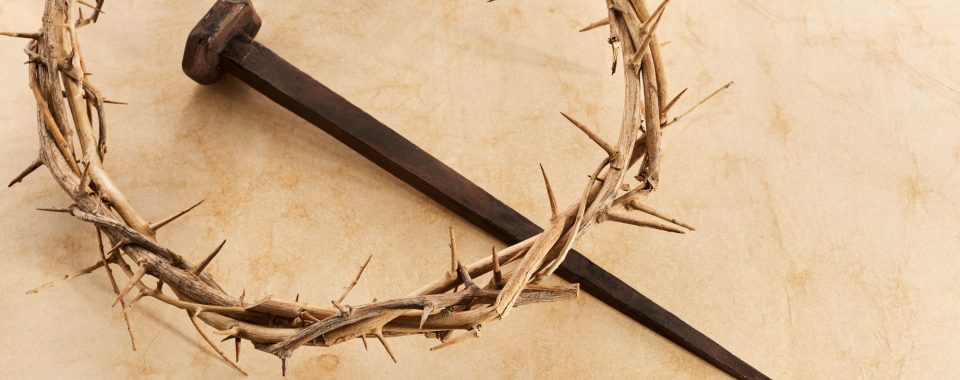 Jesus Crown Thorns and nail on Old and Grunge Background. Vintage Retro Style.